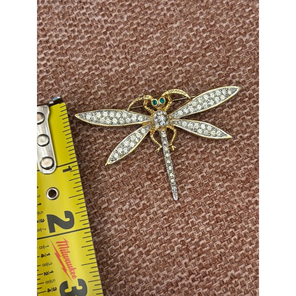 Vintage Gold Tone Dragonfly Brooch Clear Rhinestone Green Eyes Insect Pin - Picture 3 of 4